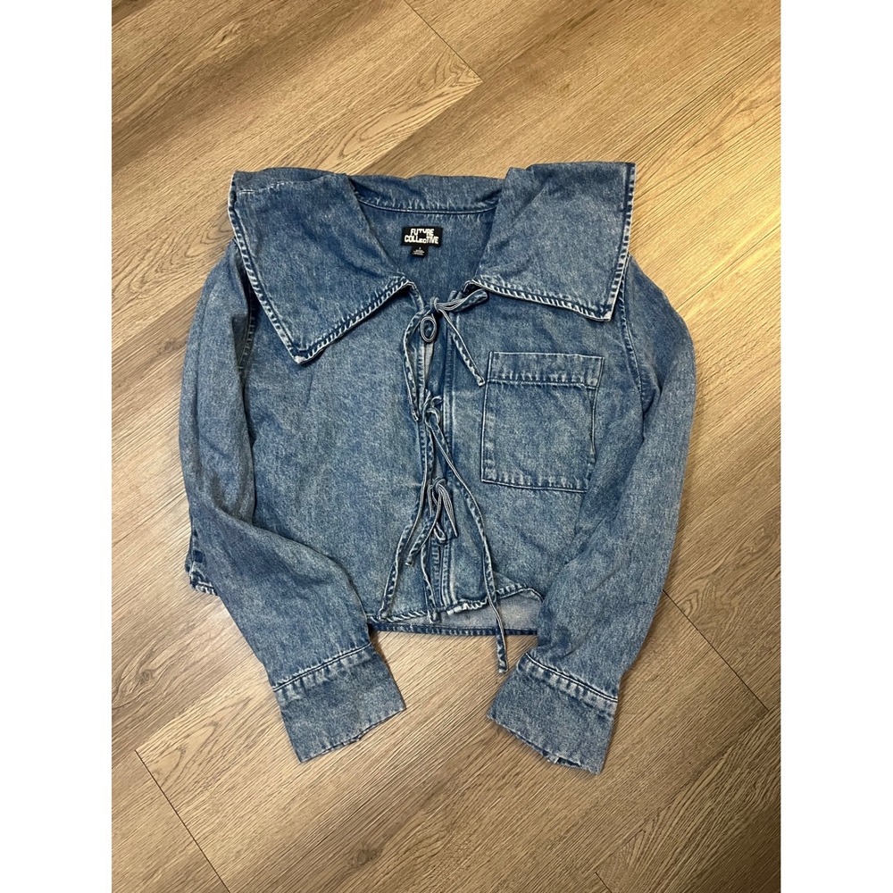 Future Collective Women Small Blue Acid Wash Sailor Collar Tie Front Jean Jacket